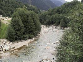 The River Vorderrhein, one of the two sources of the Rhine, passing under the bridge at Via Cavardiras, Disentis, 22.4 miles into the ride and 1028m above sea level